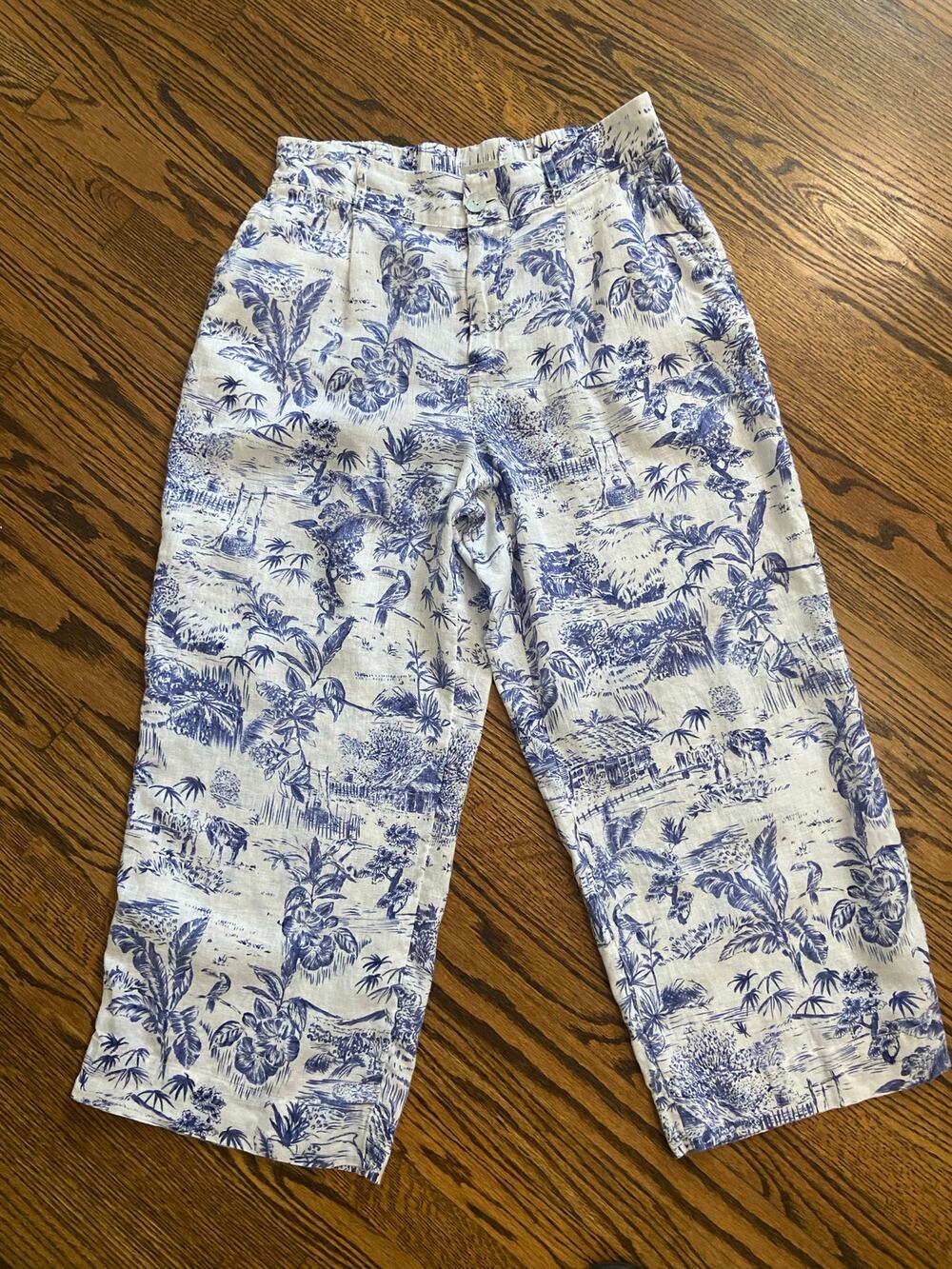 Joie white/blue toile print 100% linen wide leg ankle length pants